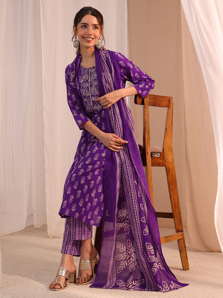 Gerua Purple Yoke Embellished Cotton Blend Straight Suit Set
