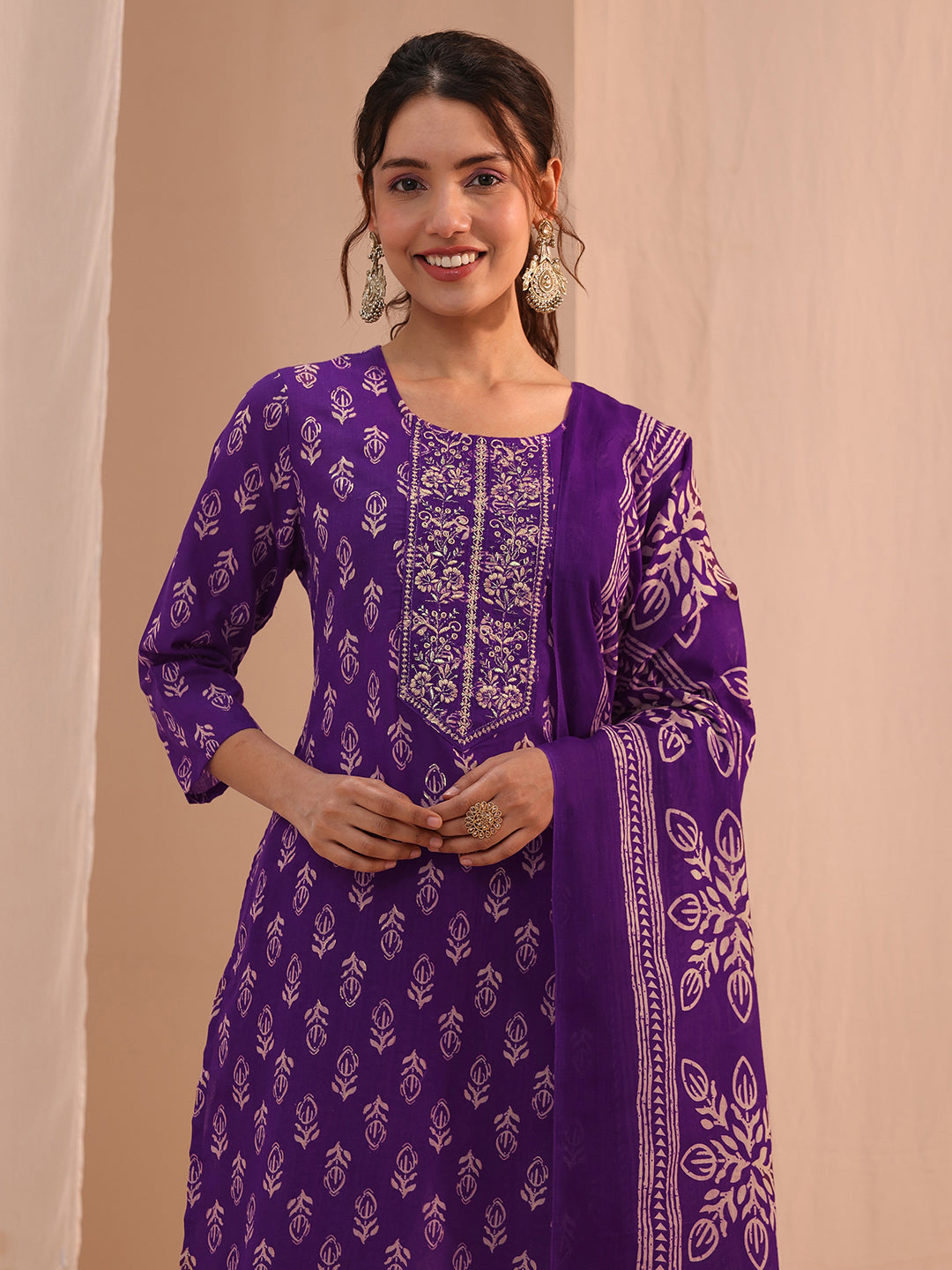 Gerua Purple Yoke Embellished Cotton Blend Straight Suit Set