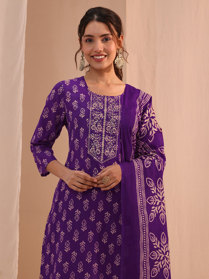 Gerua Purple Yoke Embellished Cotton Blend Straight Suit Set