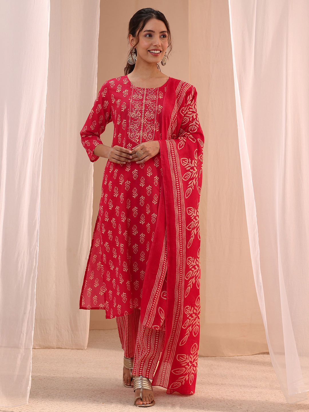 Gerua Red Yoke Embellished Cotton Blend Straight Suit Set