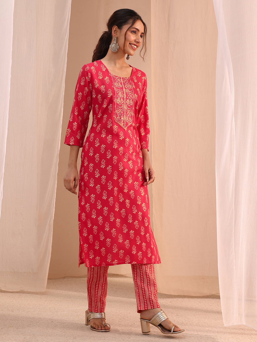 Gerua Red Yoke Embellished Cotton Blend Straight Suit Set