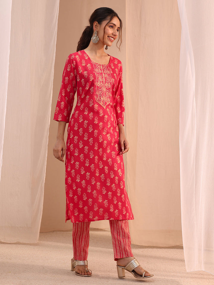 Gerua Red Yoke Embellished Cotton Blend Straight Suit Set