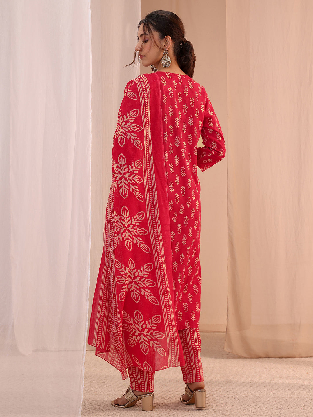 Gerua Red Yoke Embellished Cotton Blend Straight Suit Set