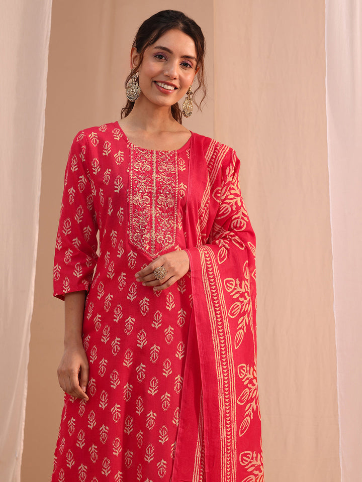 Gerua Red Yoke Embellished Cotton Blend Straight Suit Set