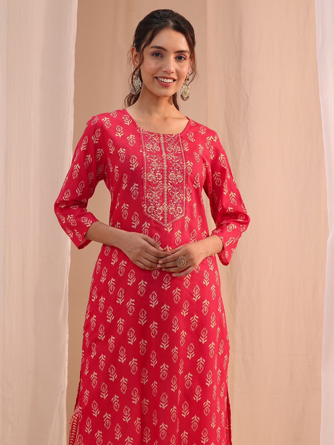 Gerua Red Yoke Embellished Cotton Blend Straight Suit Set
