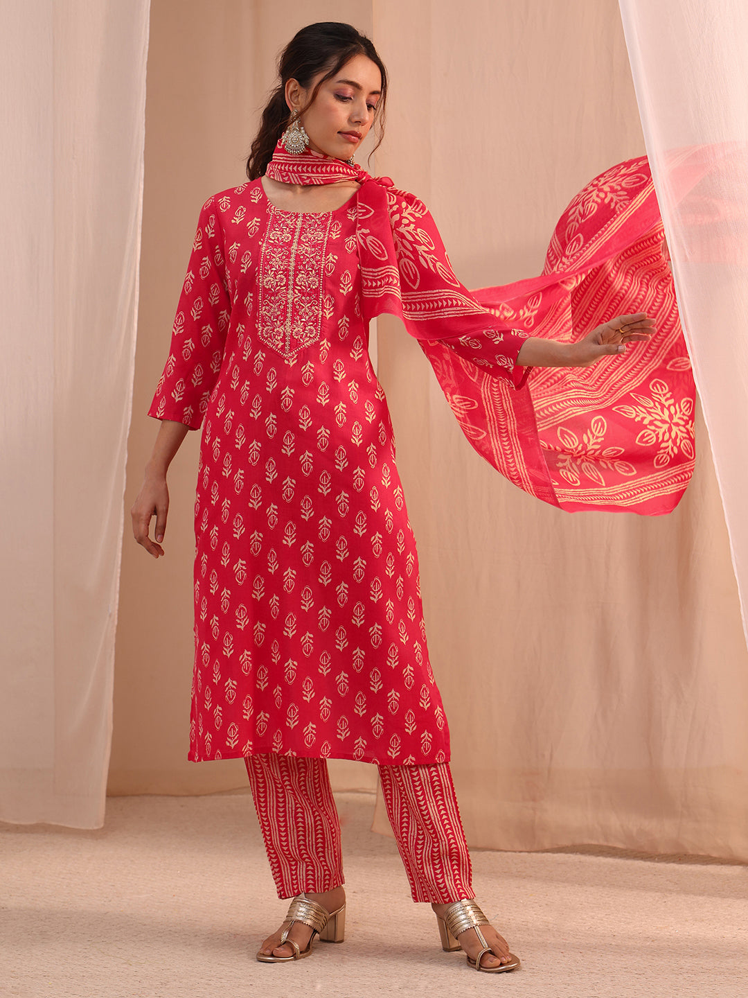 Gerua Red Yoke Embellished Cotton Blend Straight Suit Set