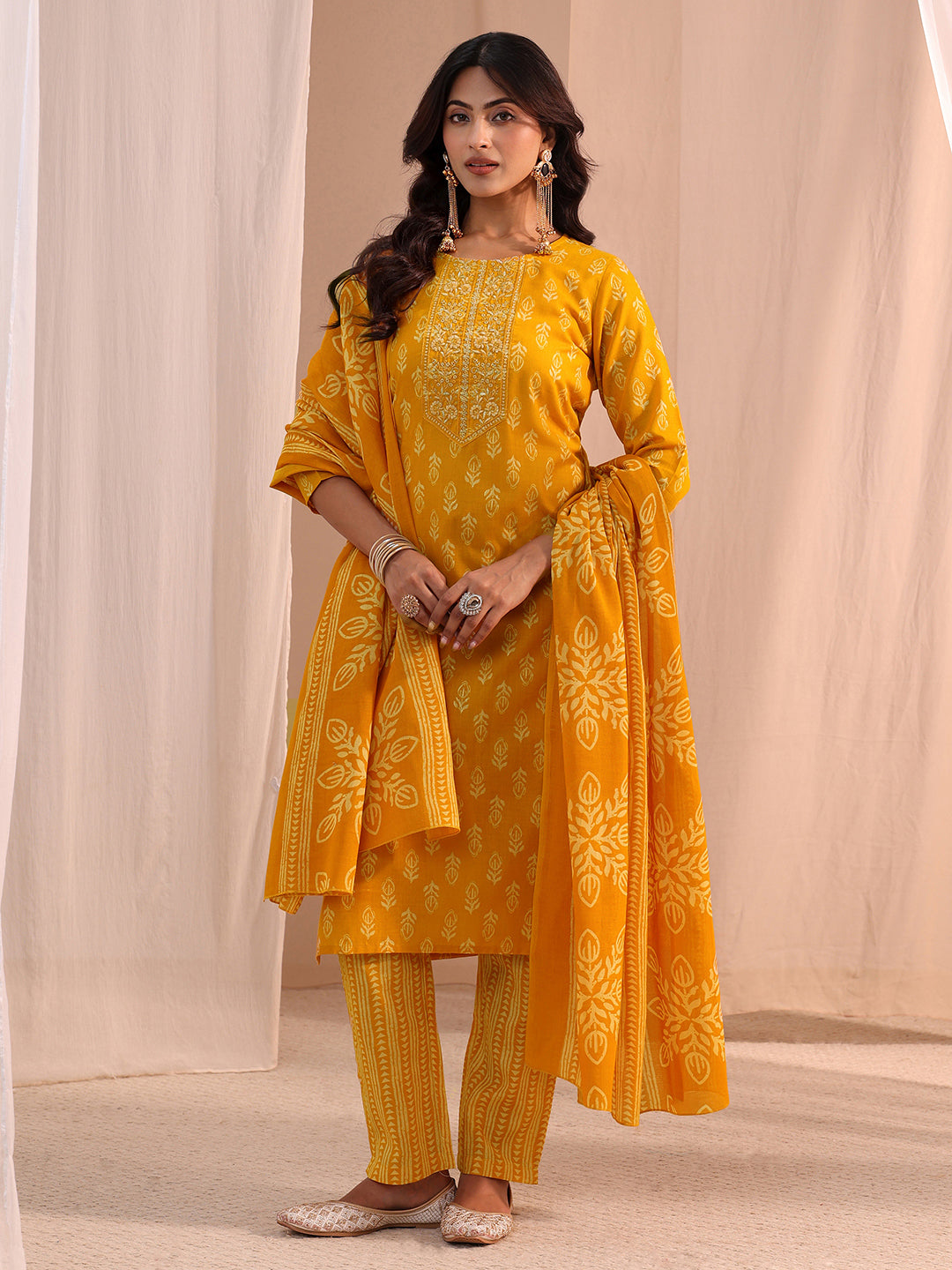 Gerua Mustard Yoke Embellished Cotton Blend Straight Suit Set