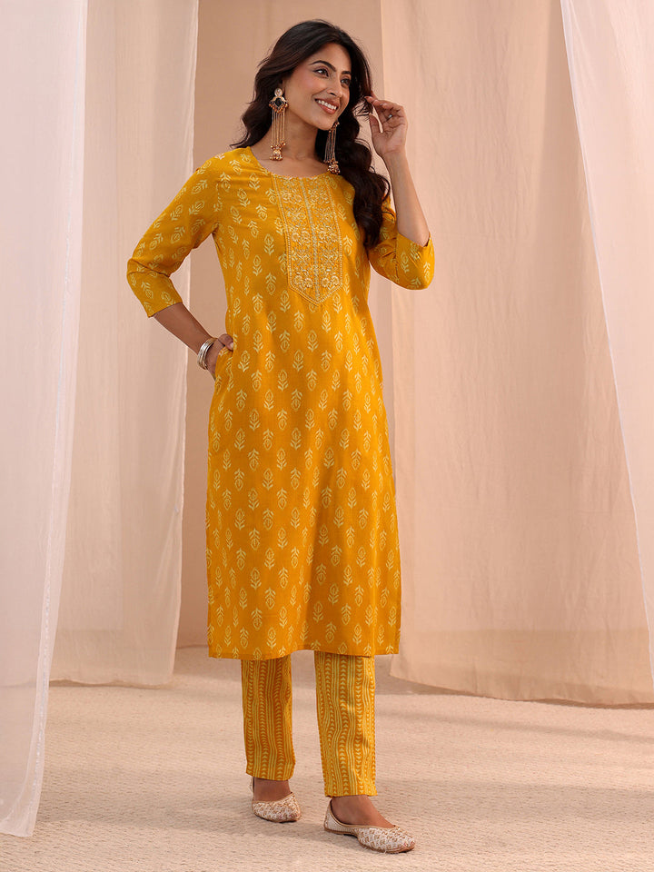 Gerua Mustard Yoke Embellished Cotton Blend Straight Suit Set