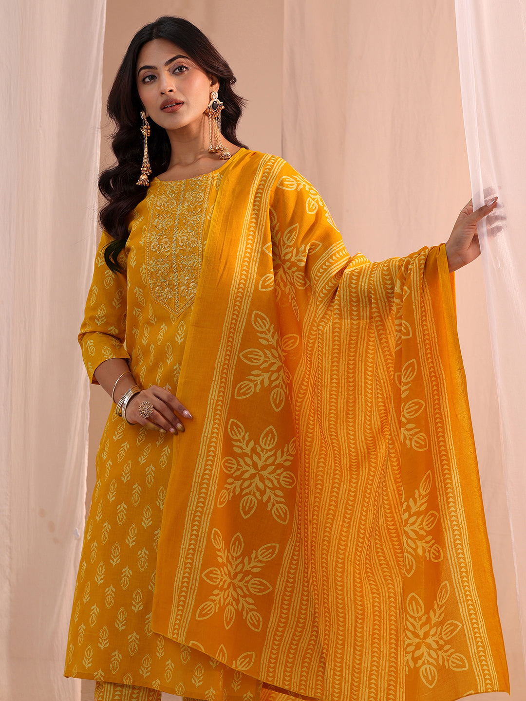 Gerua Mustard Yoke Embellished Cotton Blend Straight Suit Set