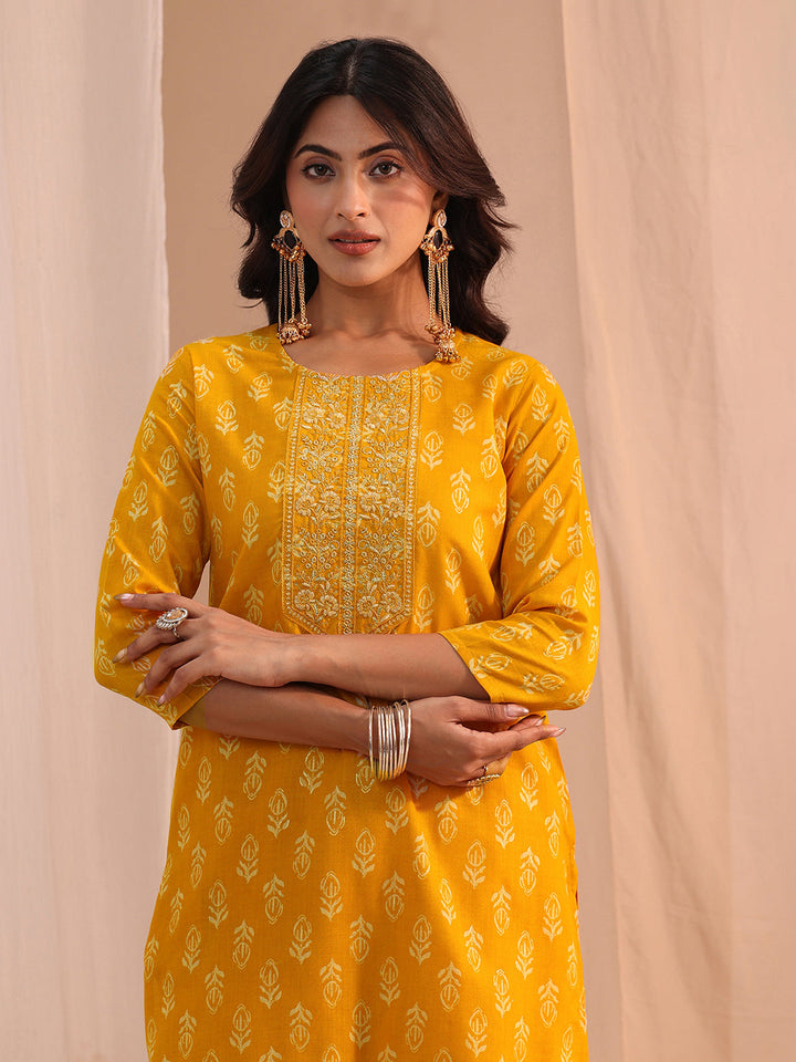 Gerua Mustard Yoke Embellished Cotton Blend Straight Suit Set