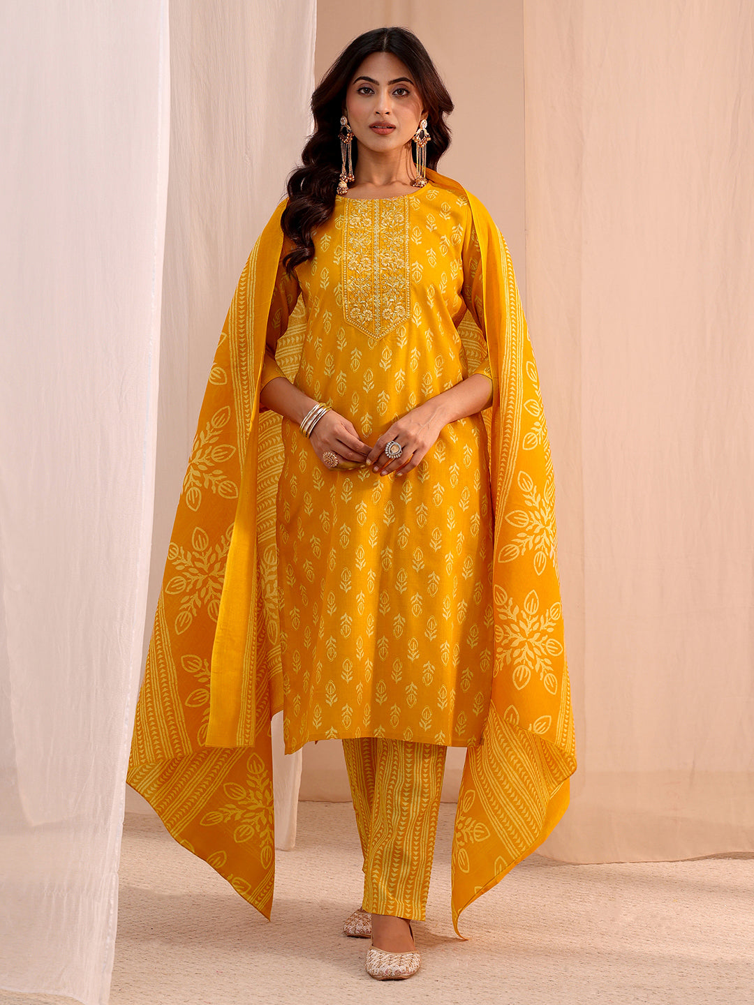 Gerua Mustard Yoke Embellished Cotton Blend Straight Suit Set