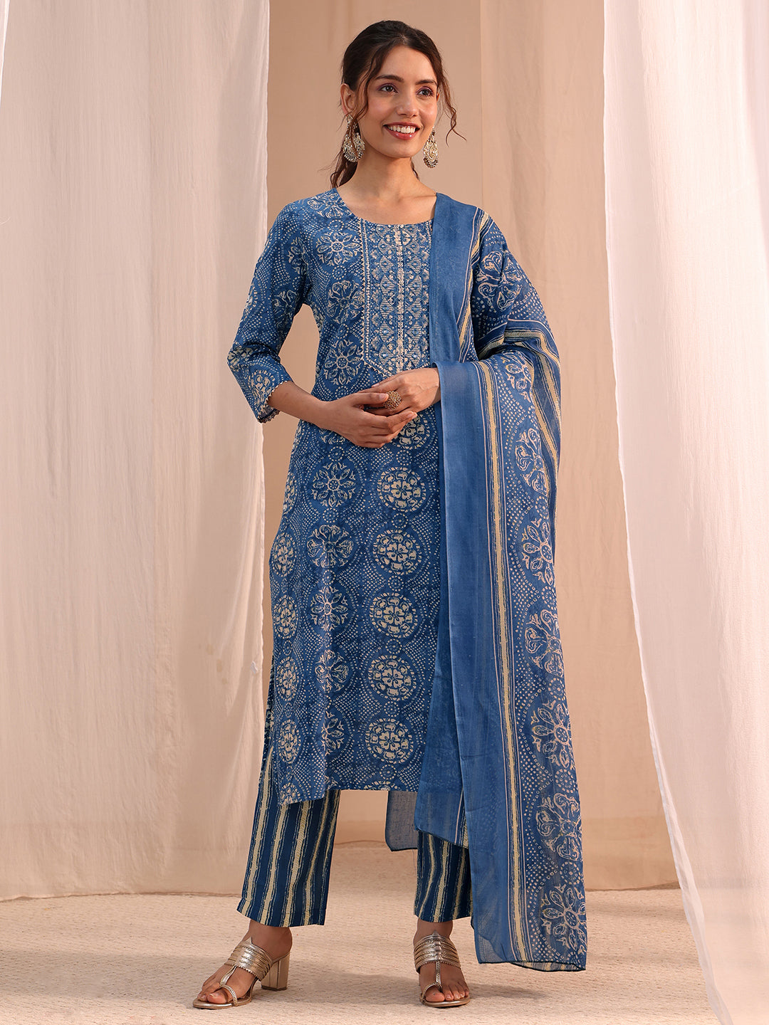 Gerua Blue Floral Cotton Blend Straight Suit Set