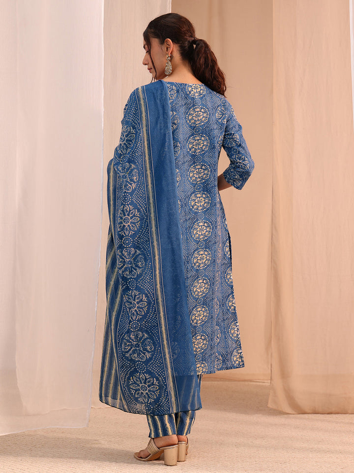 Gerua Blue Floral Cotton Blend Straight Suit Set