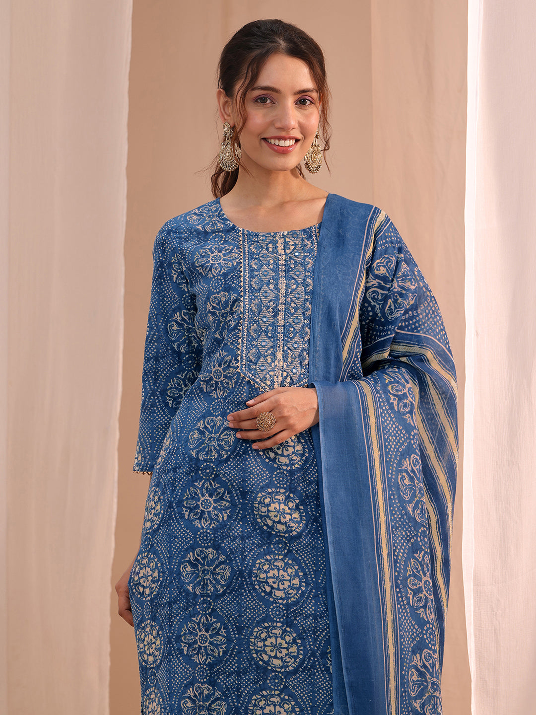 Gerua Blue Floral Cotton Blend Straight Suit Set