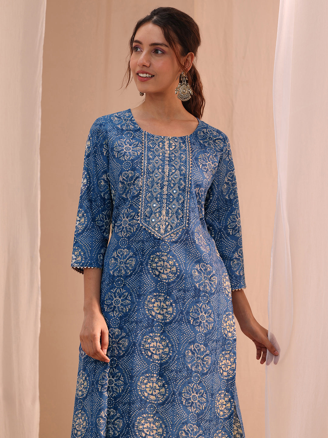 Gerua Blue Floral Cotton Blend Straight Suit Set