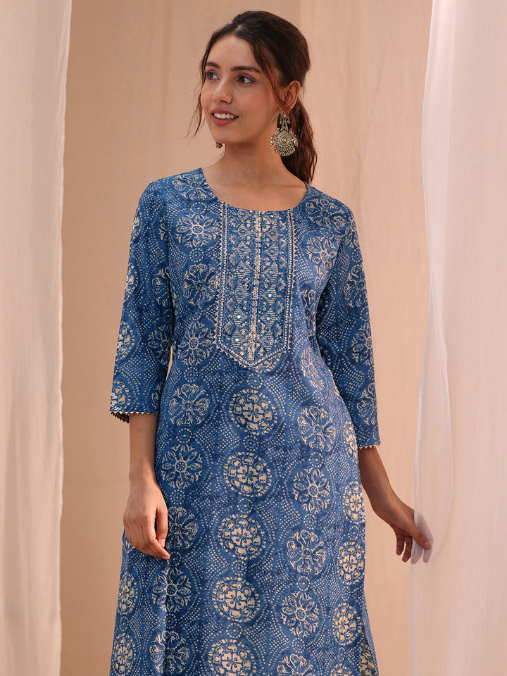 Gerua Blue Floral Cotton Blend Straight Suit Set