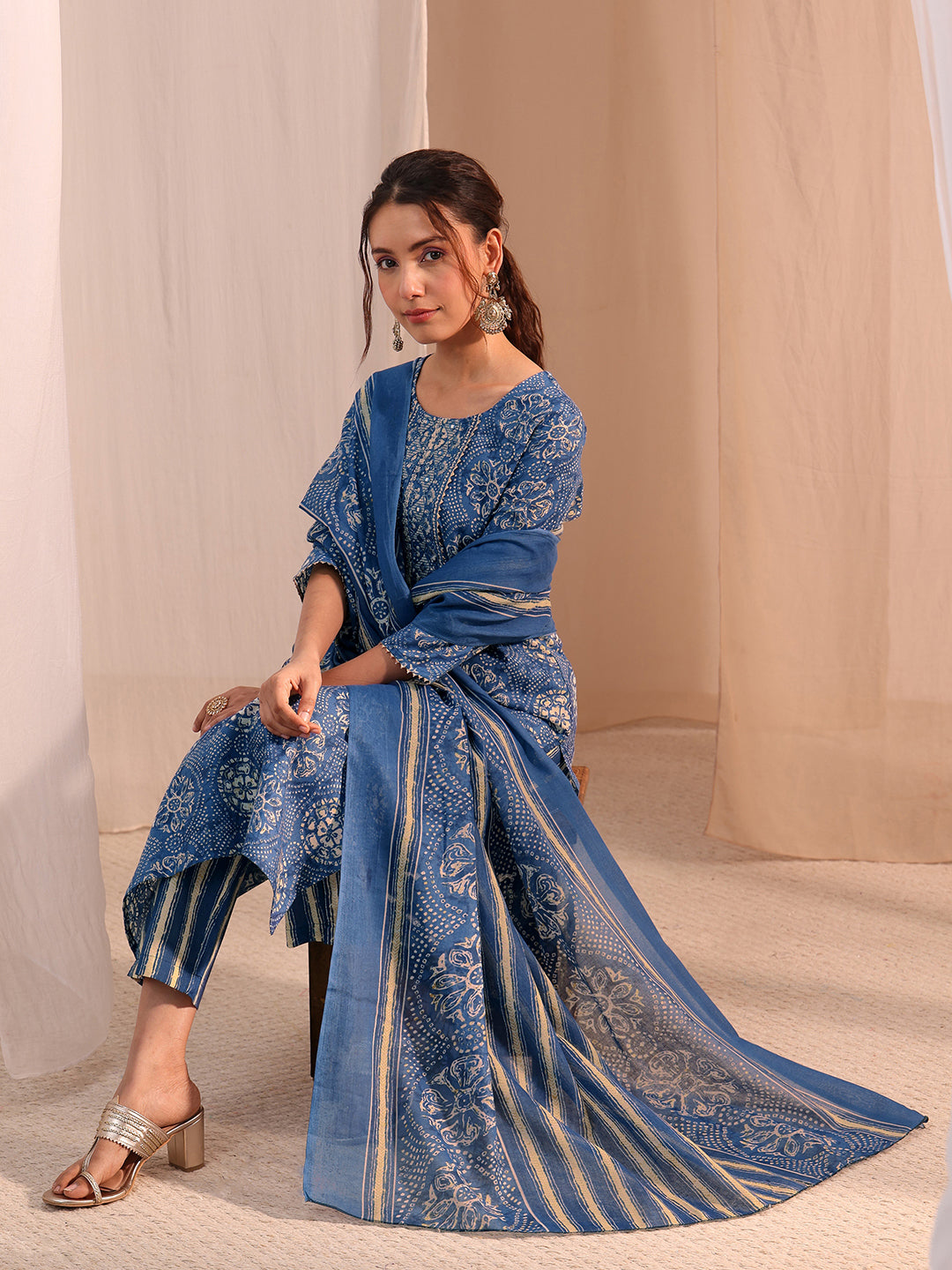 Gerua Blue Floral Cotton Blend Straight Suit Set