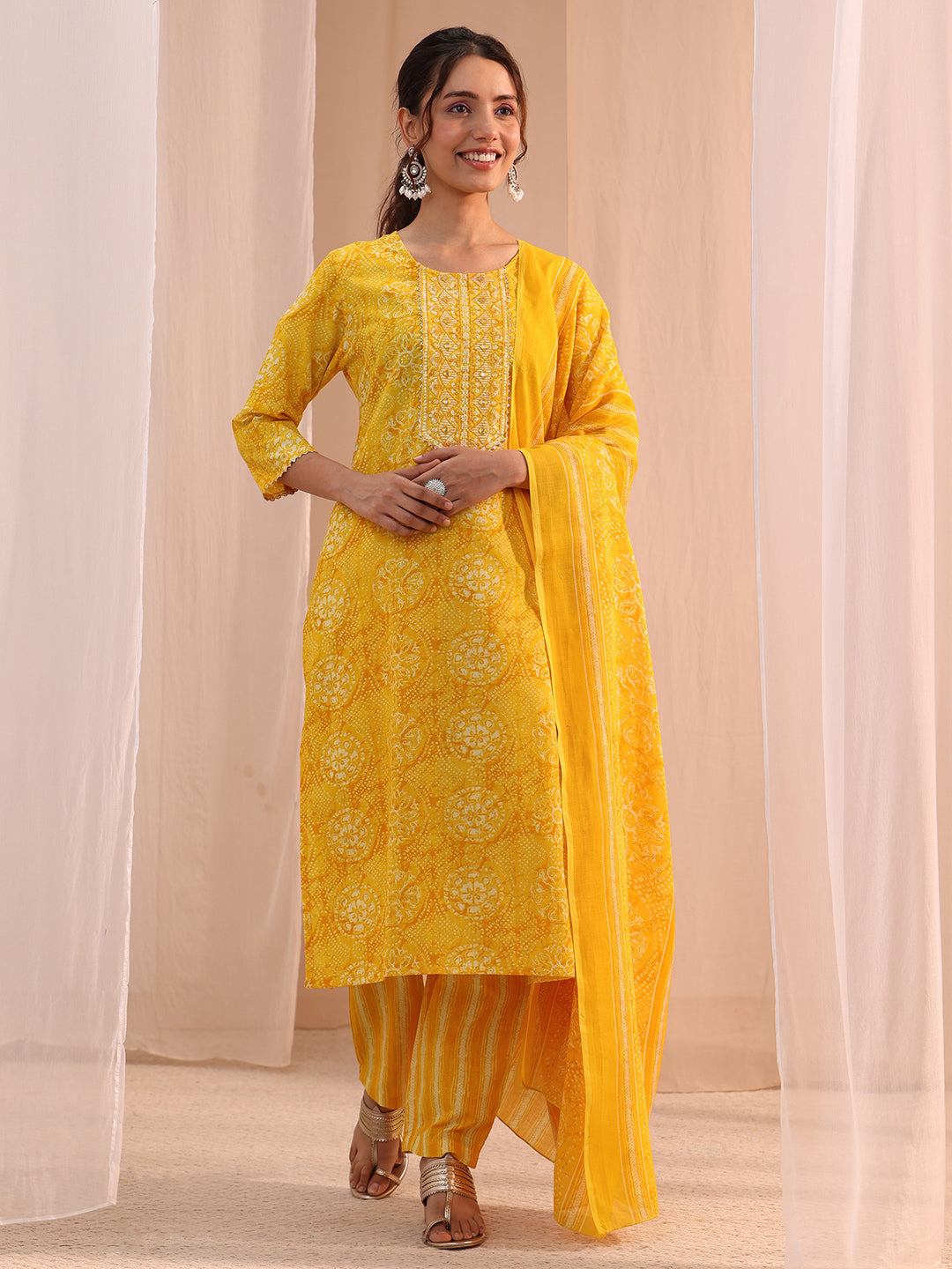 Gerua Yellow Floral Cotton Blend Straight Suit Set