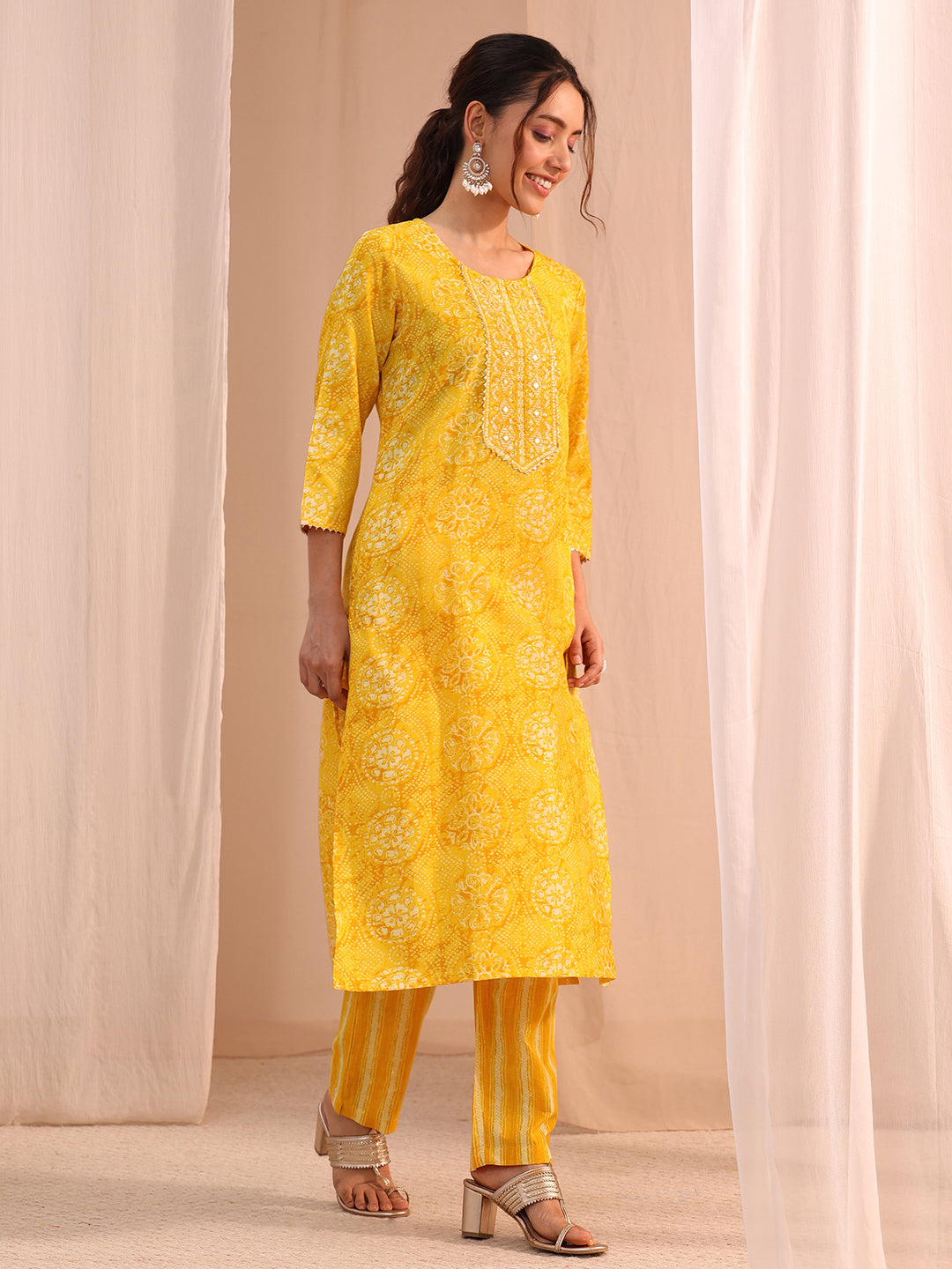Gerua Yellow Floral Cotton Blend Straight Suit Set