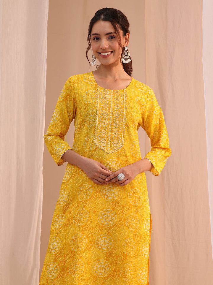 Gerua Yellow Floral Cotton Blend Straight Suit Set