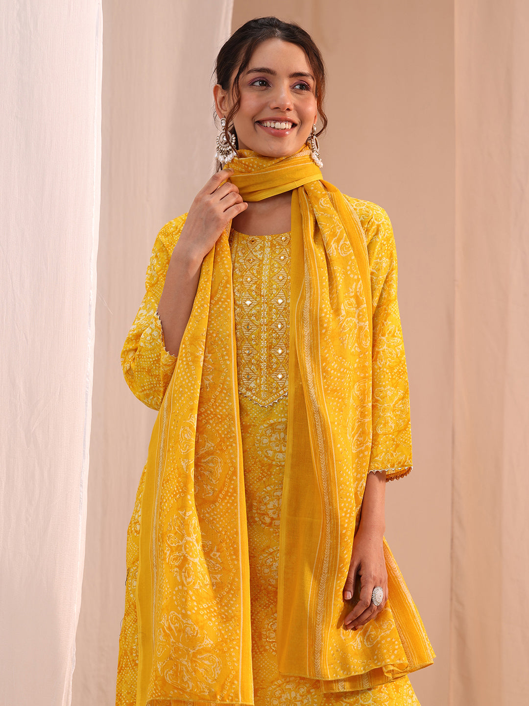 Gerua Yellow Floral Cotton Blend Straight Suit Set