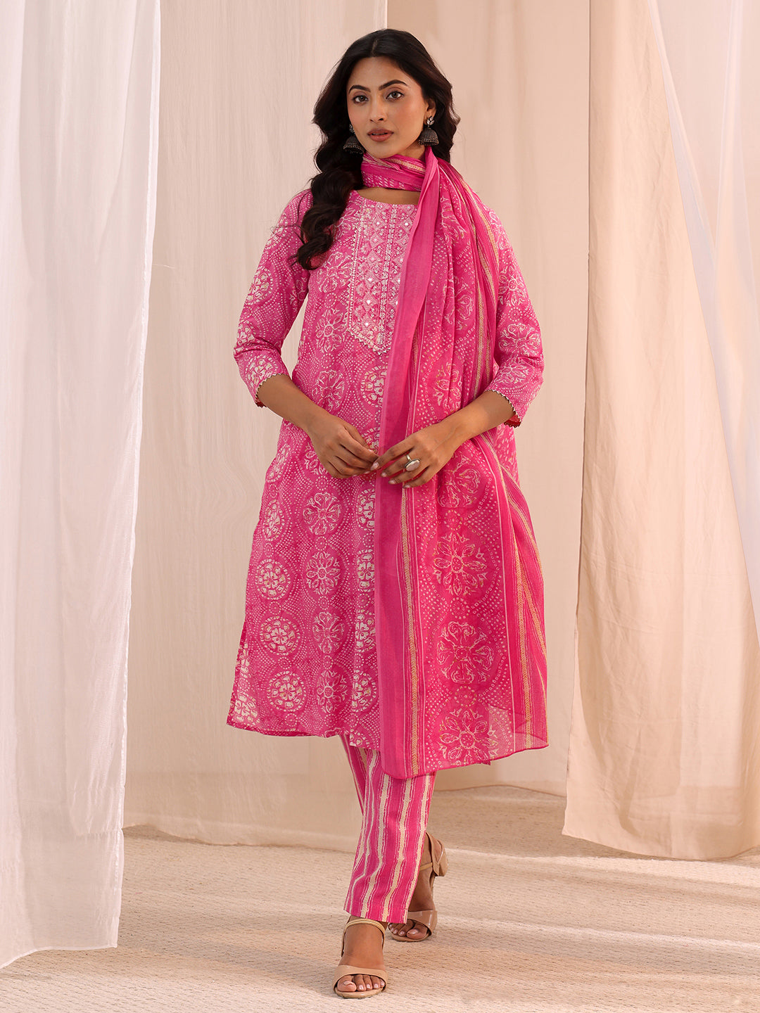Gerua Pink Floral Cotton Blend Straight Suit Set