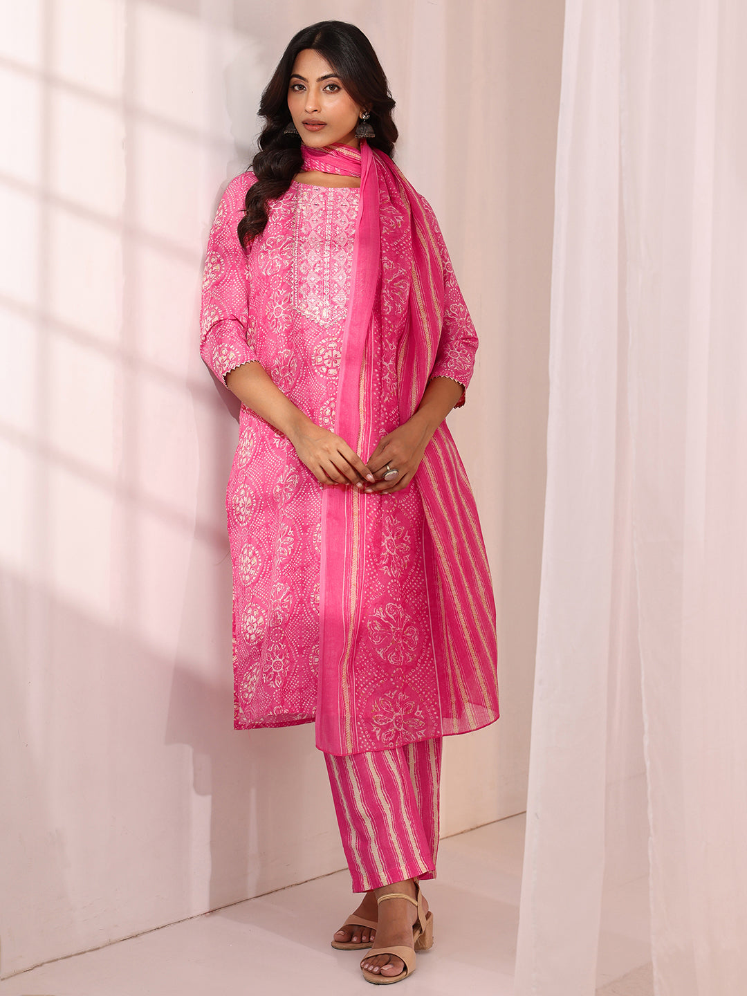 Gerua Pink Floral Cotton Blend Straight Suit Set