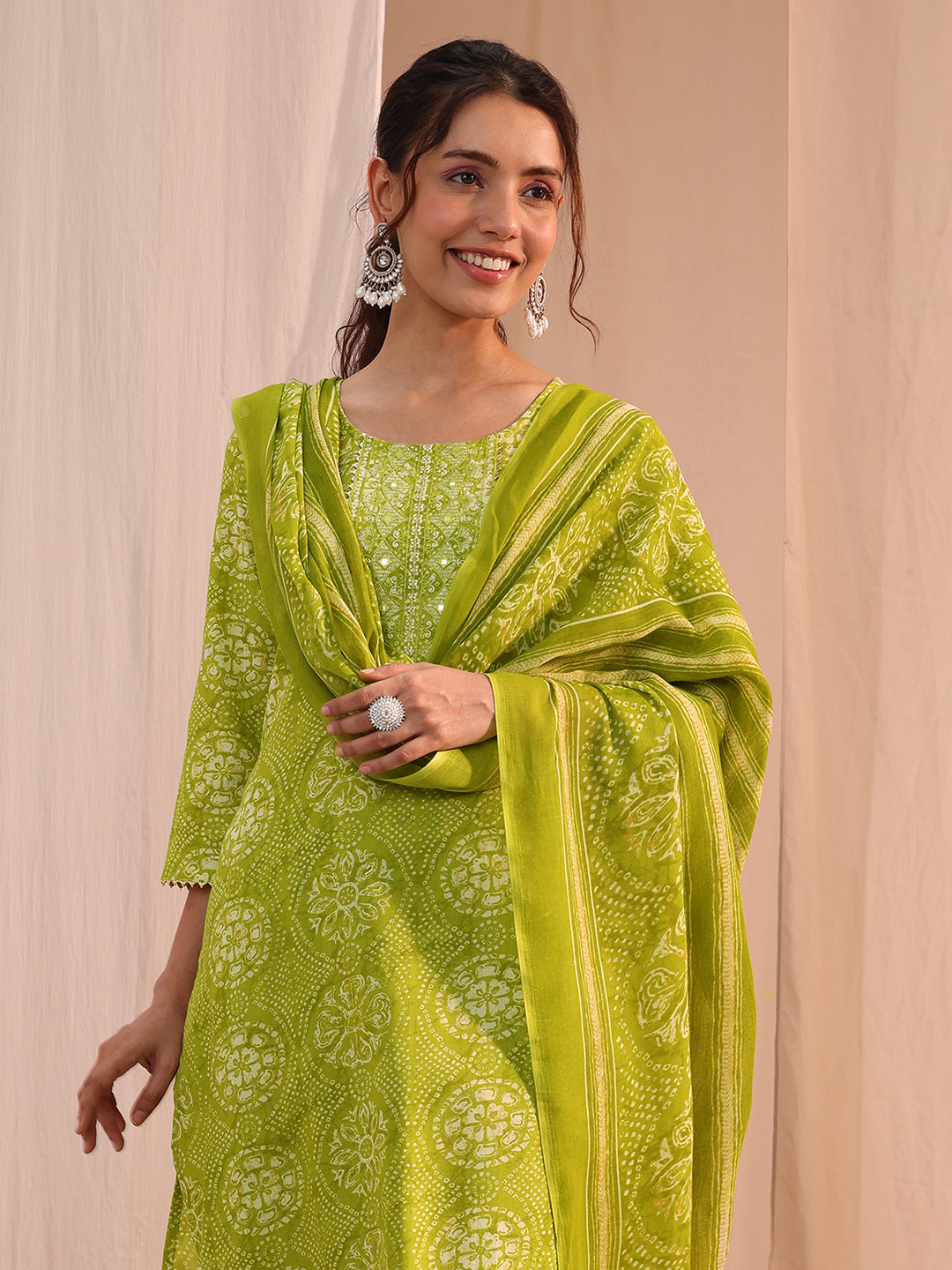 Gerua Green Floral Cotton Blend Straight Suit Set