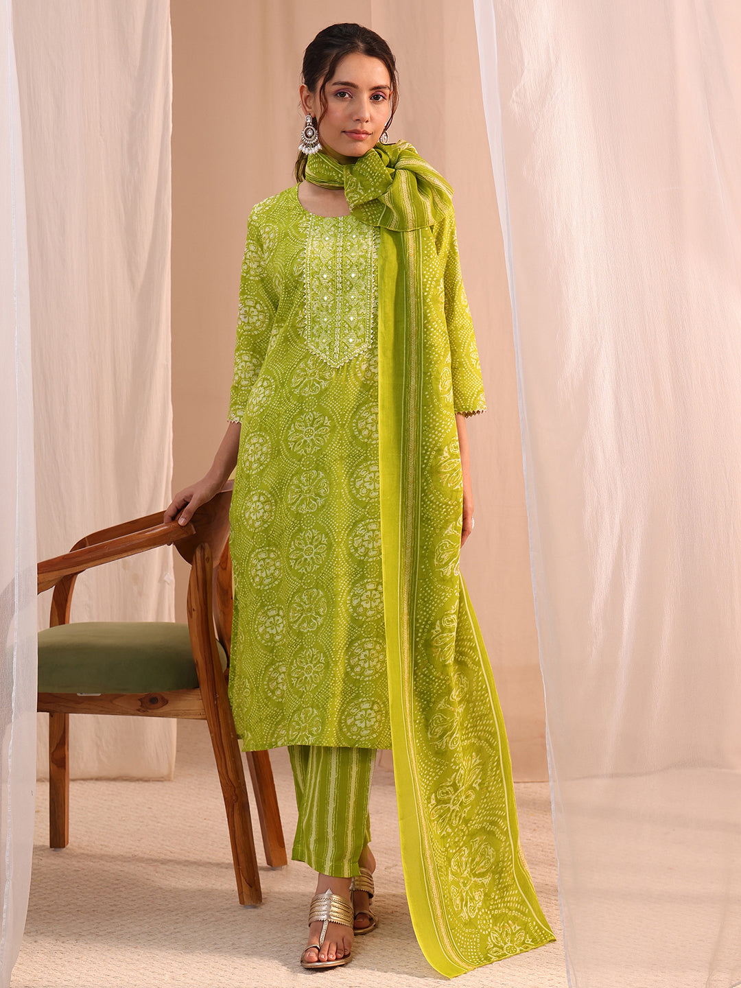 Gerua Green Floral Cotton Blend Straight Suit Set