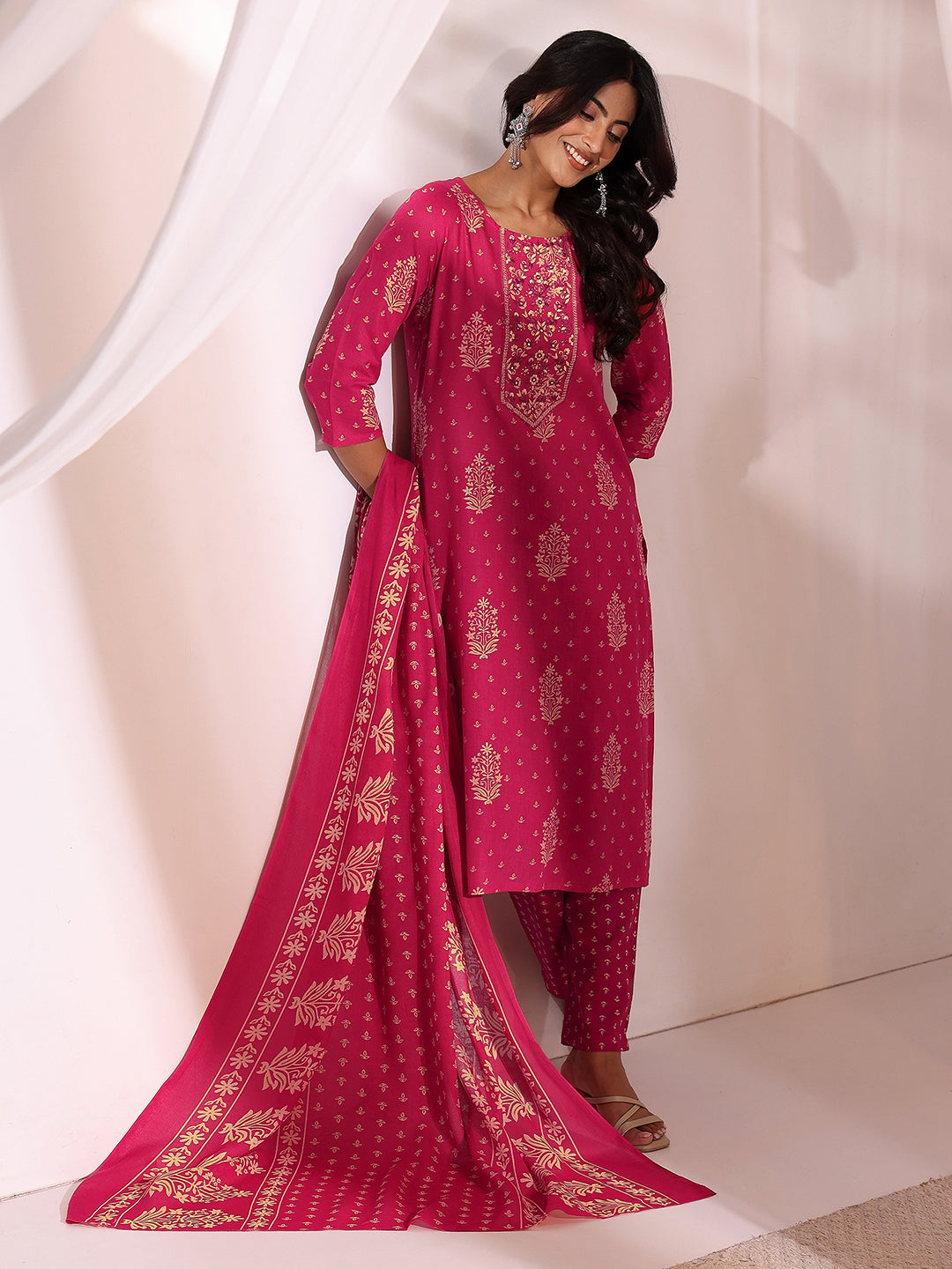 Gerua Pink Yoke Embellished Cotton Blend Straight Suit Set