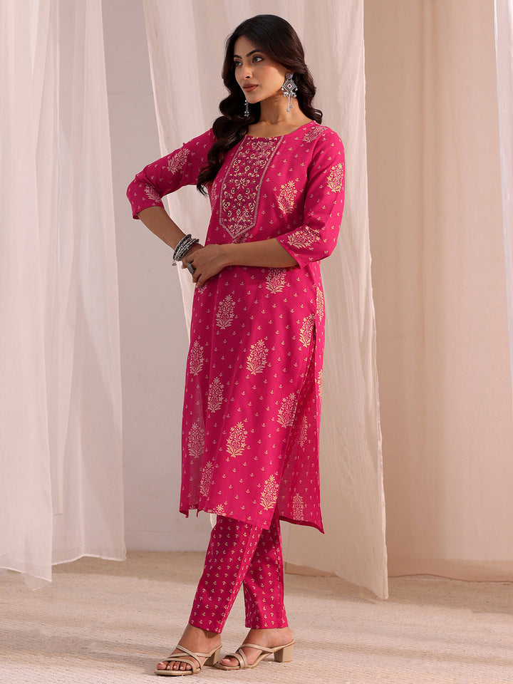 Gerua Pink Yoke Embellished Cotton Blend Straight Suit Set