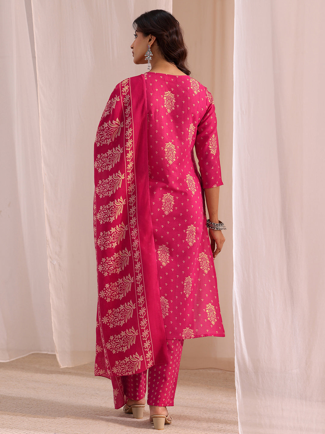 Gerua Pink Yoke Embellished Cotton Blend Straight Suit Set