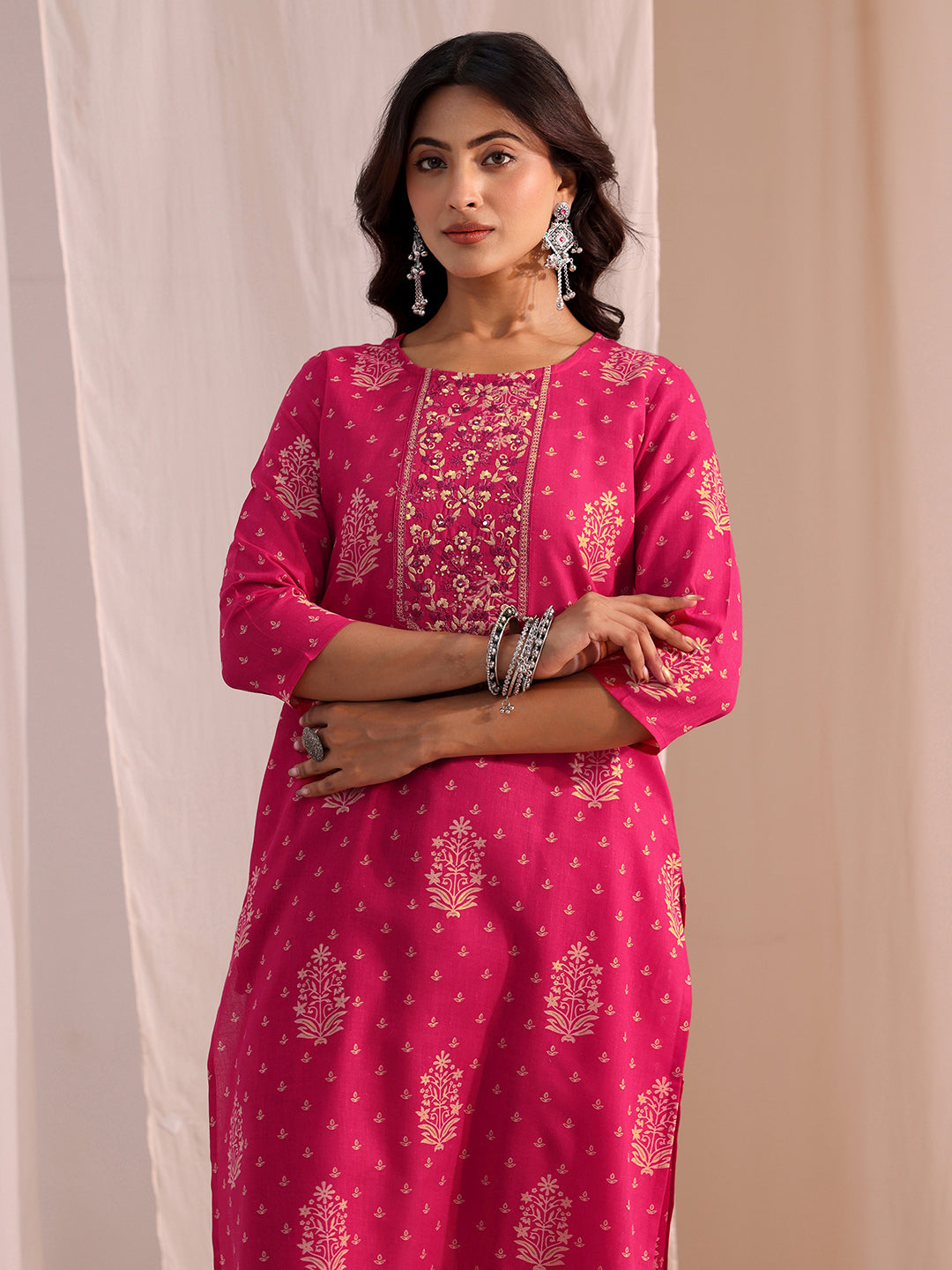 Gerua Pink Yoke Embellished Cotton Blend Straight Suit Set