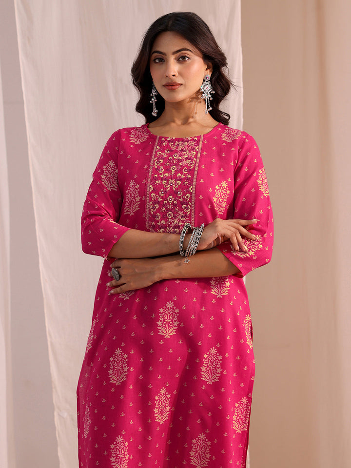Gerua Pink Yoke Embellished Cotton Blend Straight Suit Set