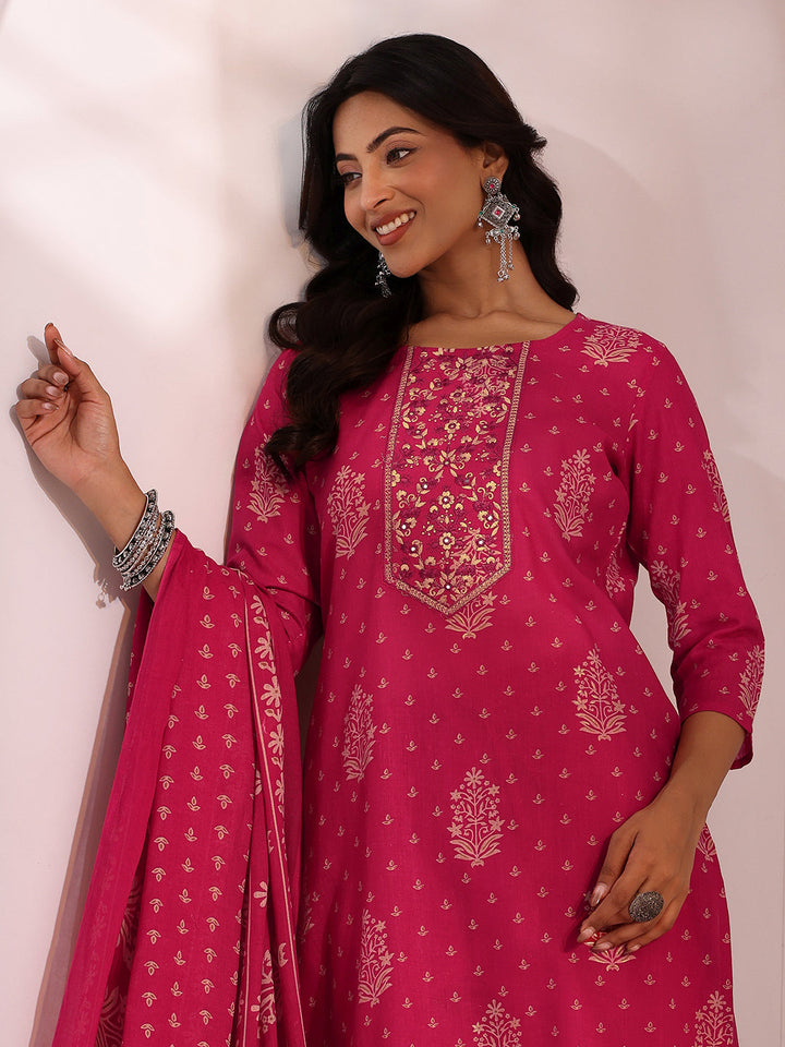 Gerua Pink Yoke Embellished Cotton Blend Straight Suit Set