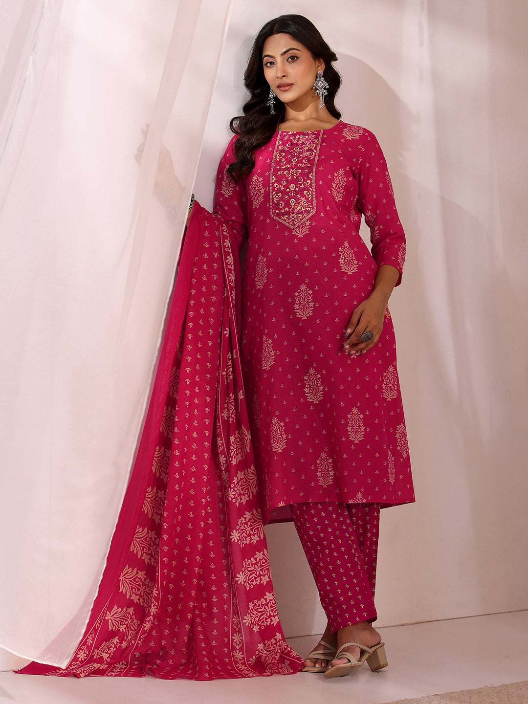 Gerua Pink Yoke Embellished Cotton Blend Straight Suit Set
