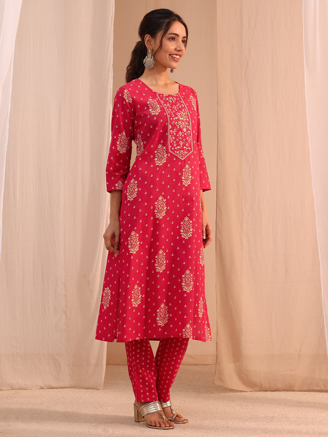 Gerua Red Yoke Embellished Cotton Blend Straight Suit Set