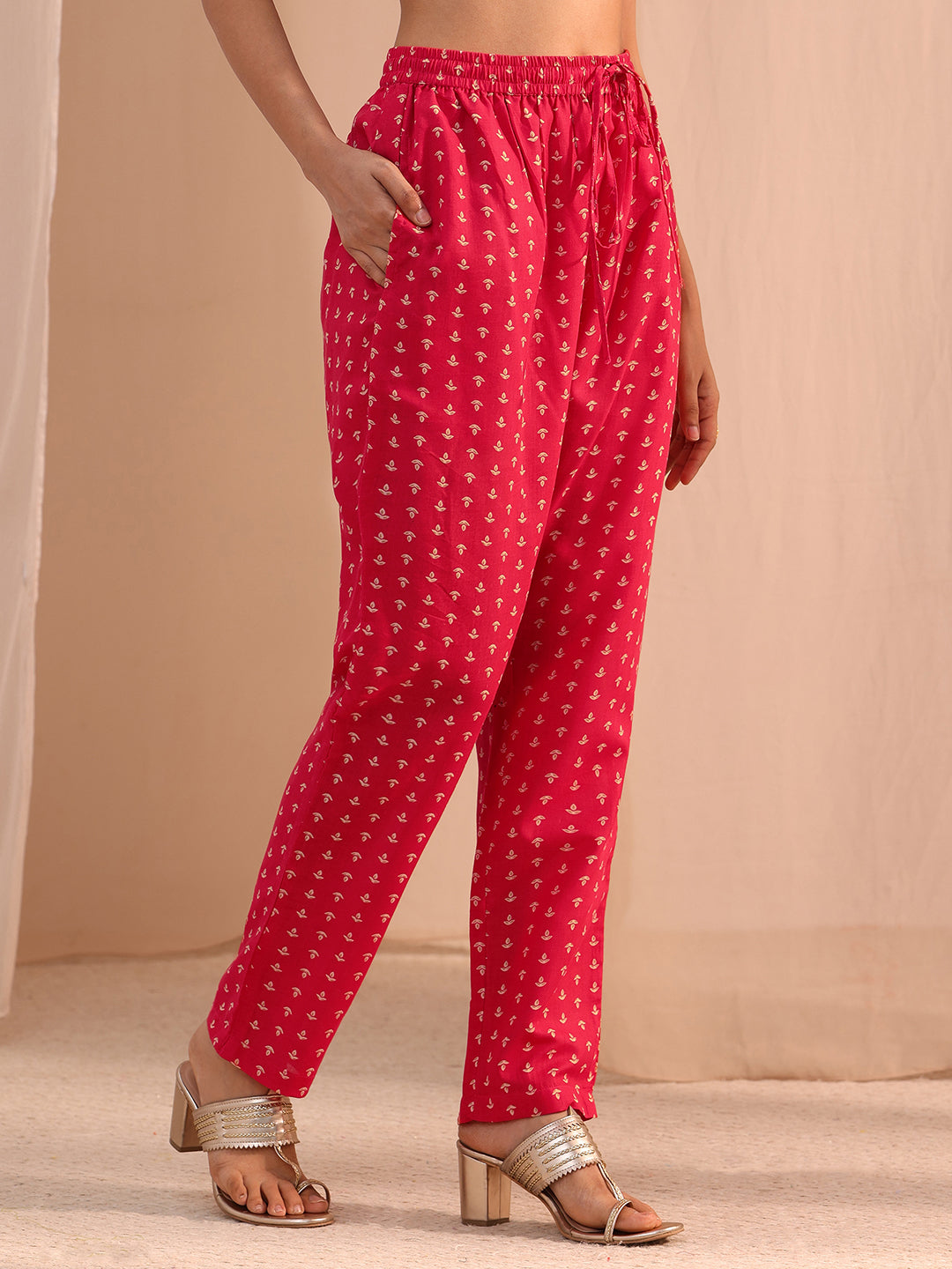 Gerua Red Yoke Embellished Cotton Blend Straight Suit Set