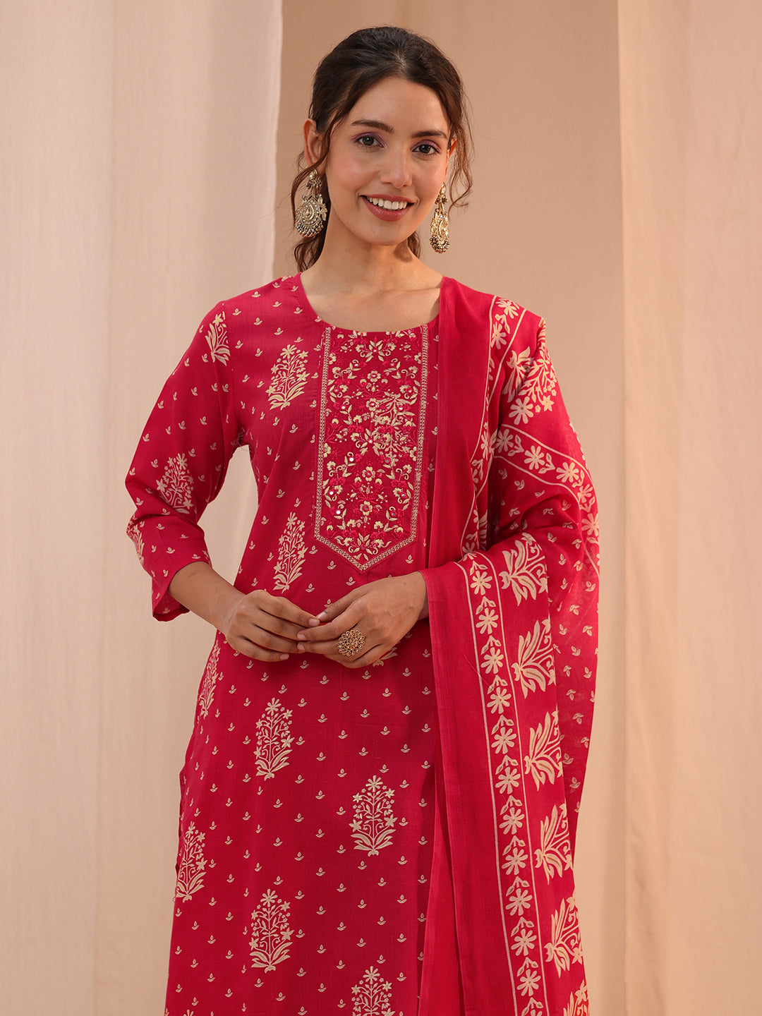 Gerua Red Yoke Embellished Cotton Blend Straight Suit Set