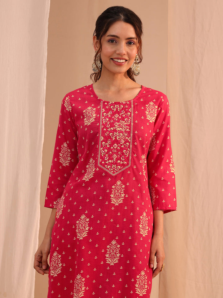 Gerua Red Yoke Embellished Cotton Blend Straight Suit Set