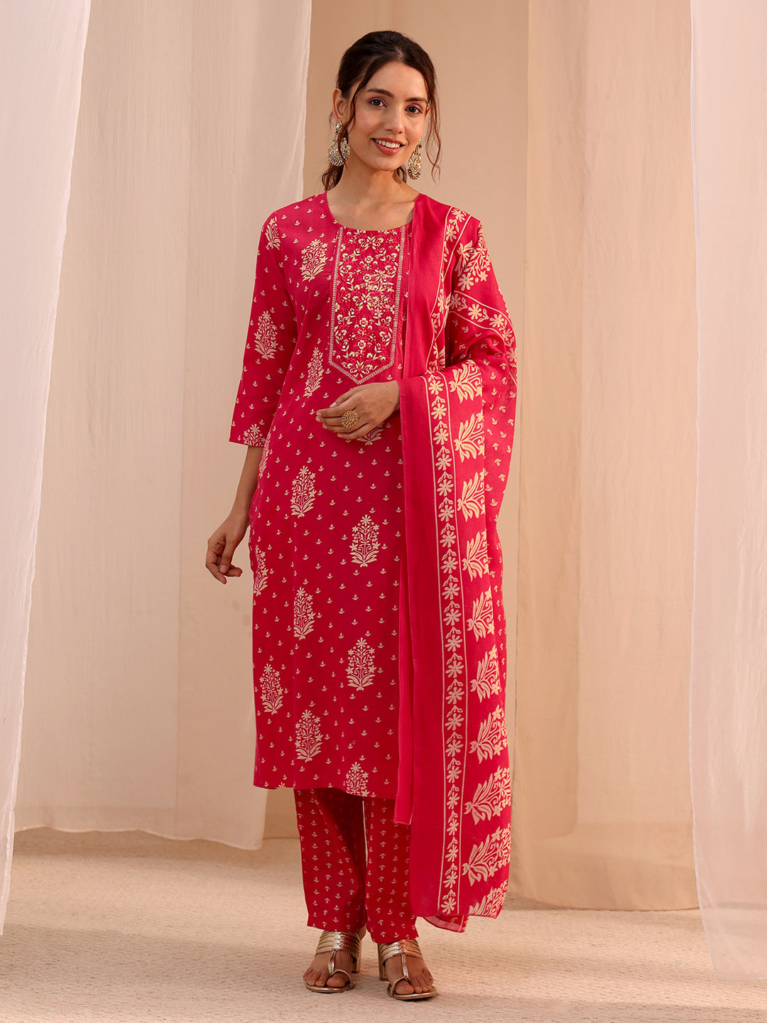Gerua Red Yoke Embellished Cotton Blend Straight Suit Set