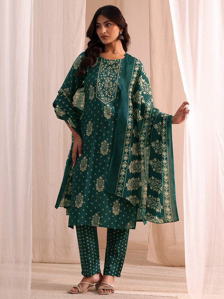 Gerua Teal Yoke Embellished Cotton Blend Straight Suit Set