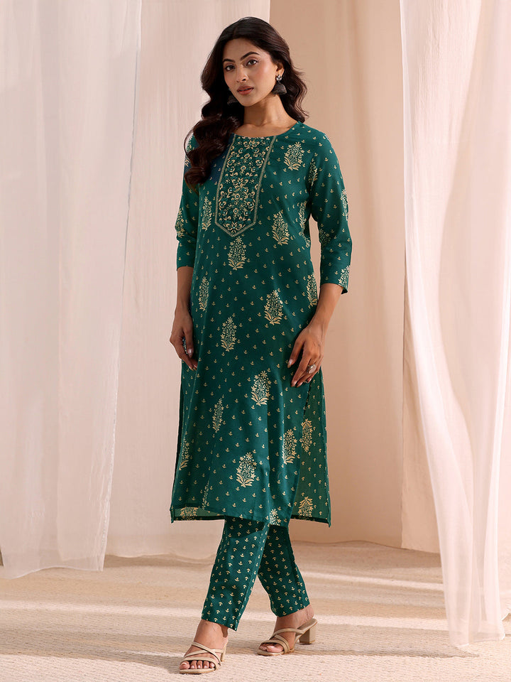 Gerua Teal Yoke Embellished Cotton Blend Straight Suit Set