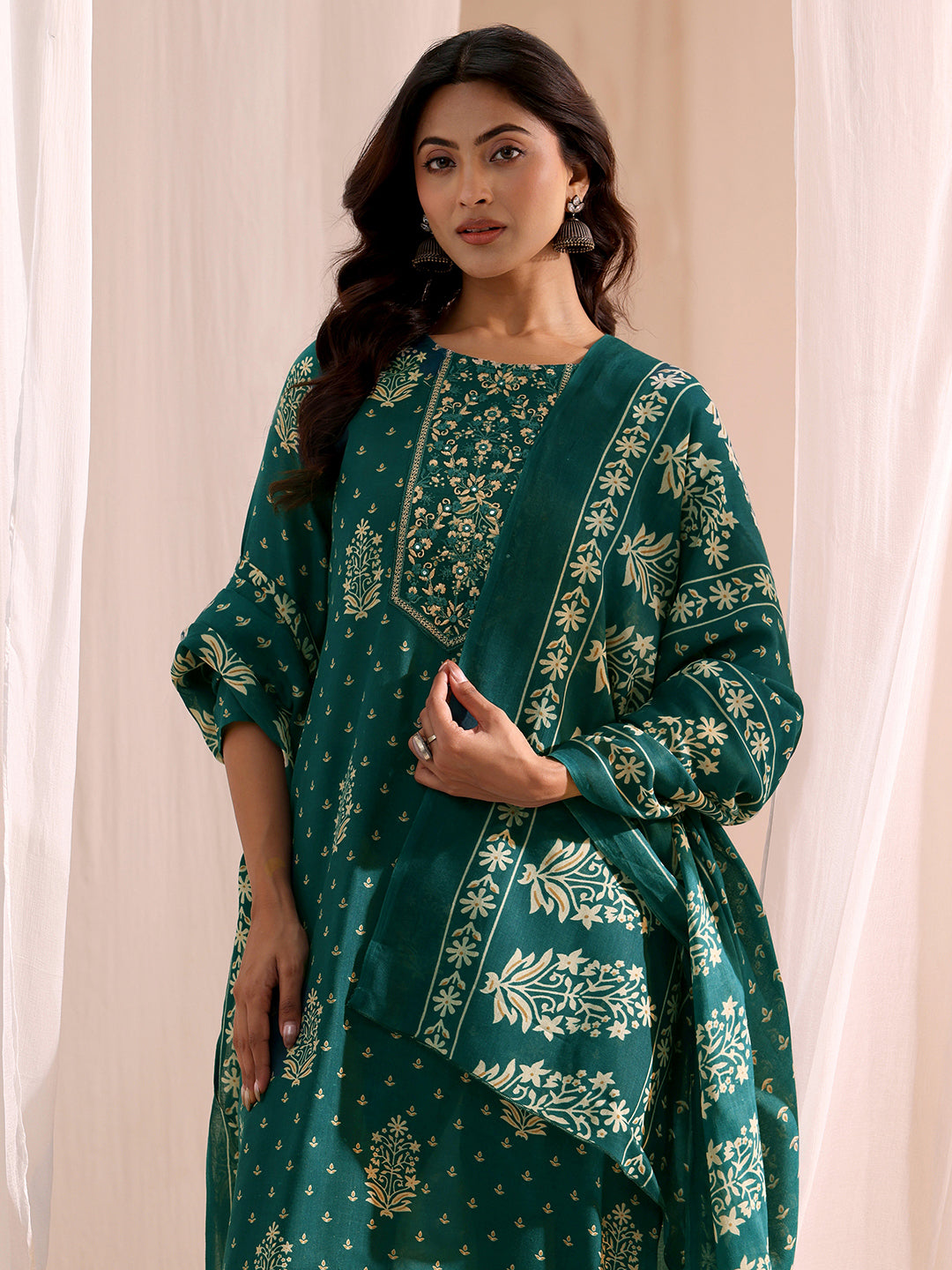 Gerua Teal Yoke Embellished Cotton Blend Straight Suit Set