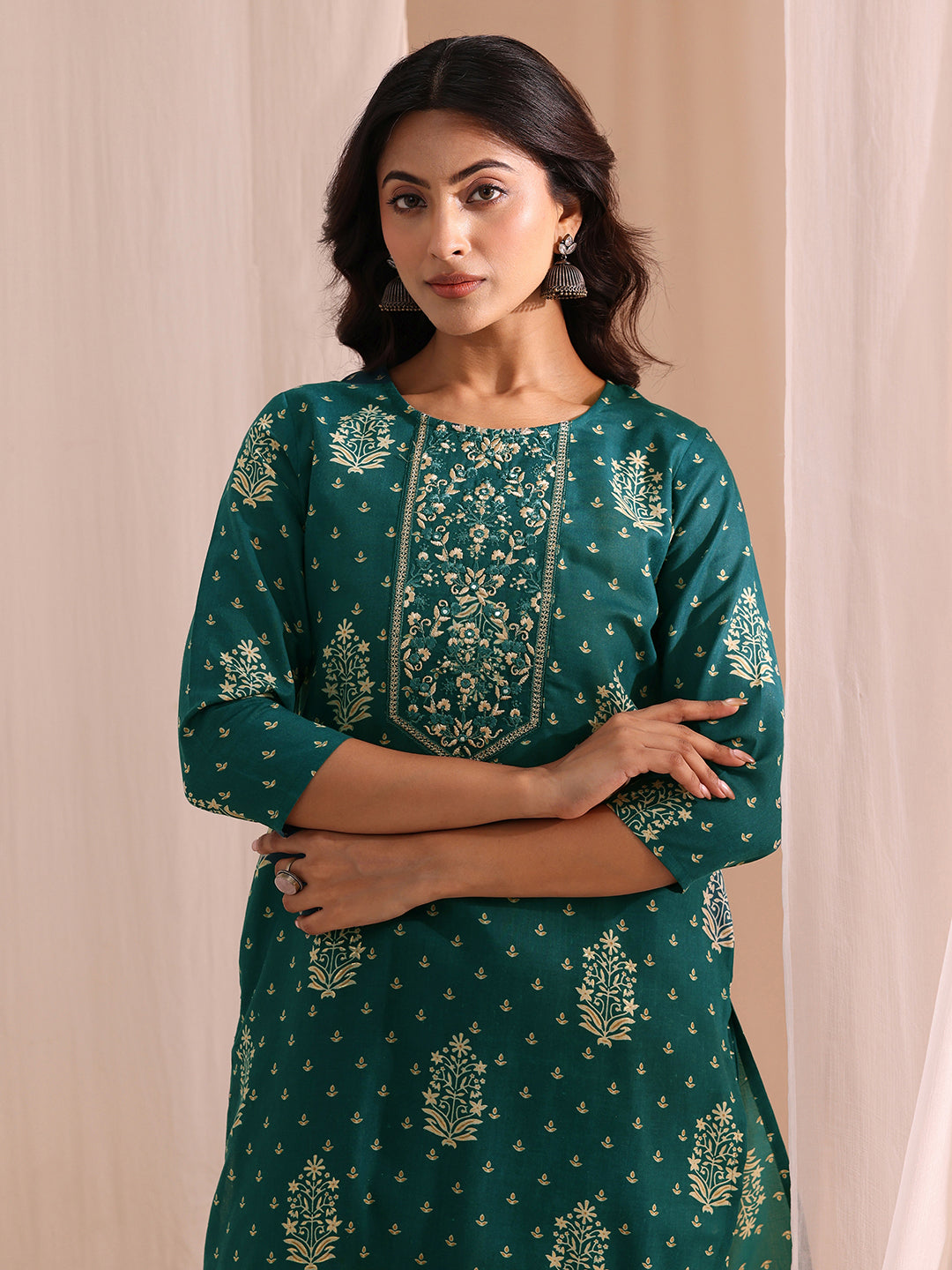 Gerua Teal Yoke Embellished Cotton Blend Straight Suit Set