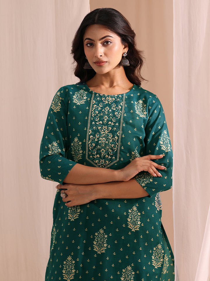Gerua Teal Yoke Embellished Cotton Blend Straight Suit Set