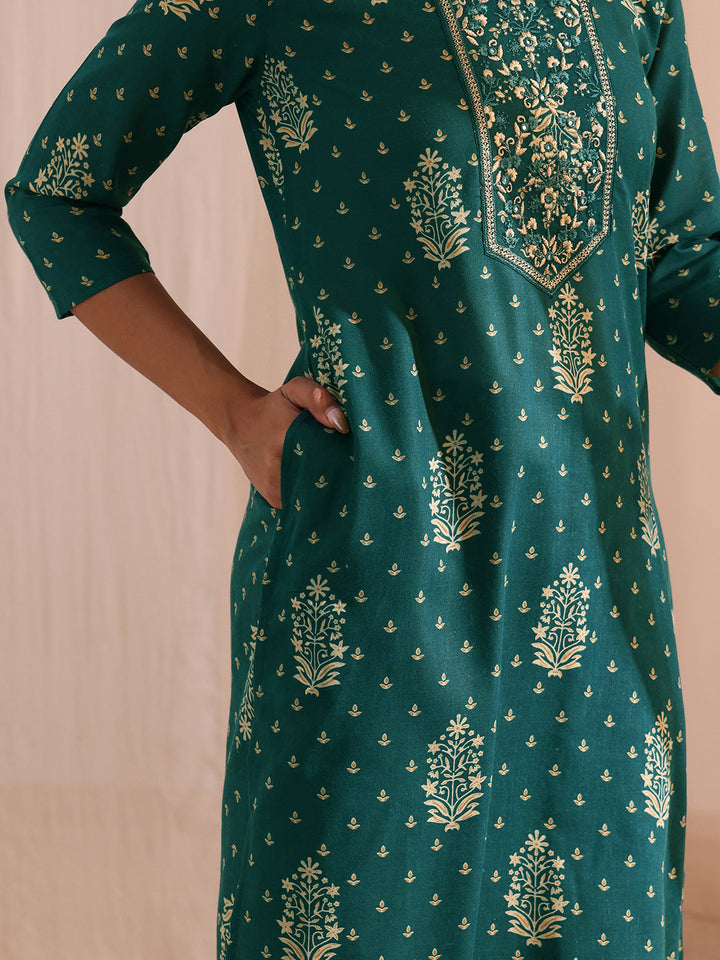 Gerua Teal Yoke Embellished Cotton Blend Straight Suit Set
