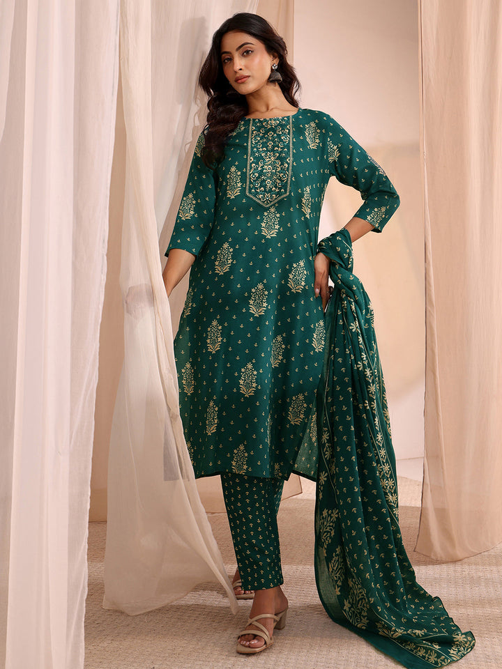 Gerua Teal Yoke Embellished Cotton Blend Straight Suit Set