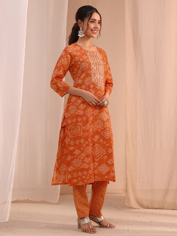 Gerua Orange Bandhani Printed Cotton Blend Straight Suit Set