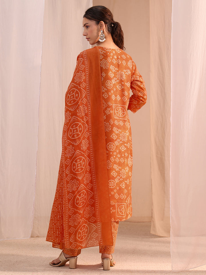 Gerua Orange Bandhani Printed Cotton Blend Straight Suit Set